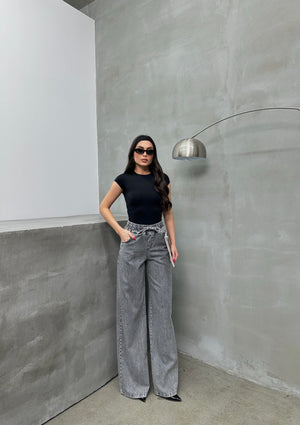 Pantaloni palazzo gri pentru femei cu talie elastică și șnur de fixare