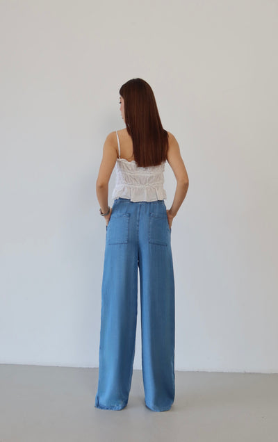 Pantaloni Palazzo Light Blue cu Talie Înaltă și Bandă Elastică