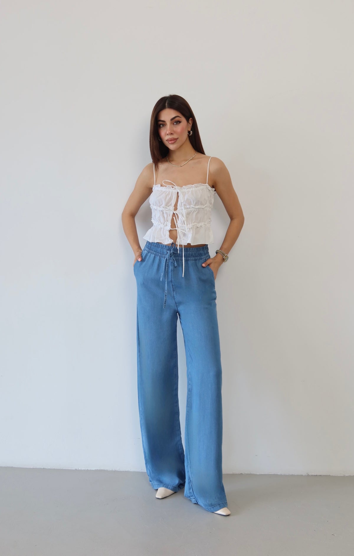 Pantaloni Palazzo Light Blue cu Talie Înaltă și Bandă Elastică