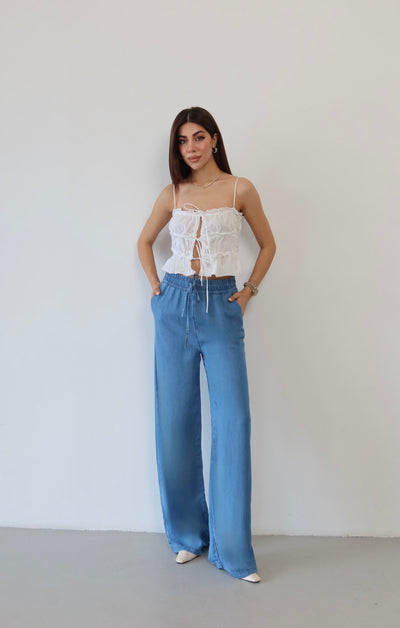 Pantaloni Palazzo Light Blue cu Talie Înaltă și Bandă Elastică