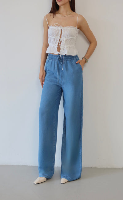 Pantaloni Palazzo Light Blue cu Talie Înaltă și Bandă Elastică