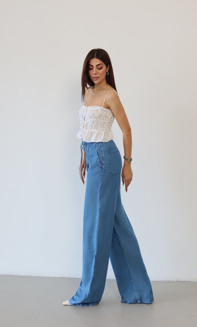 Pantaloni Palazzo Light Blue cu Talie Înaltă și Bandă Elastică