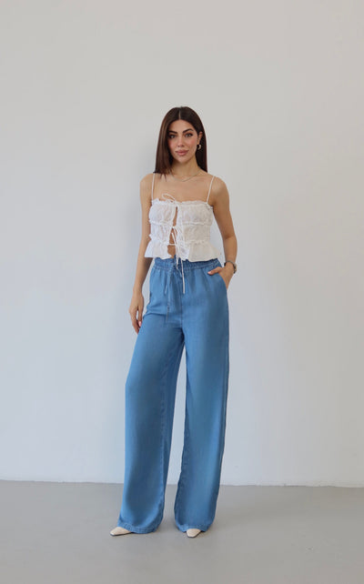 Pantaloni Palazzo Light Blue cu Talie Înaltă și Bandă Elastică