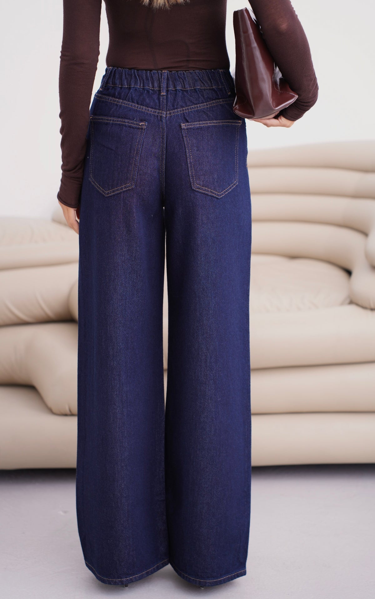 Yüksek Bel Bol Kesim Bel Lastik Detaylı Rinse Palazzo Jean Pantolon