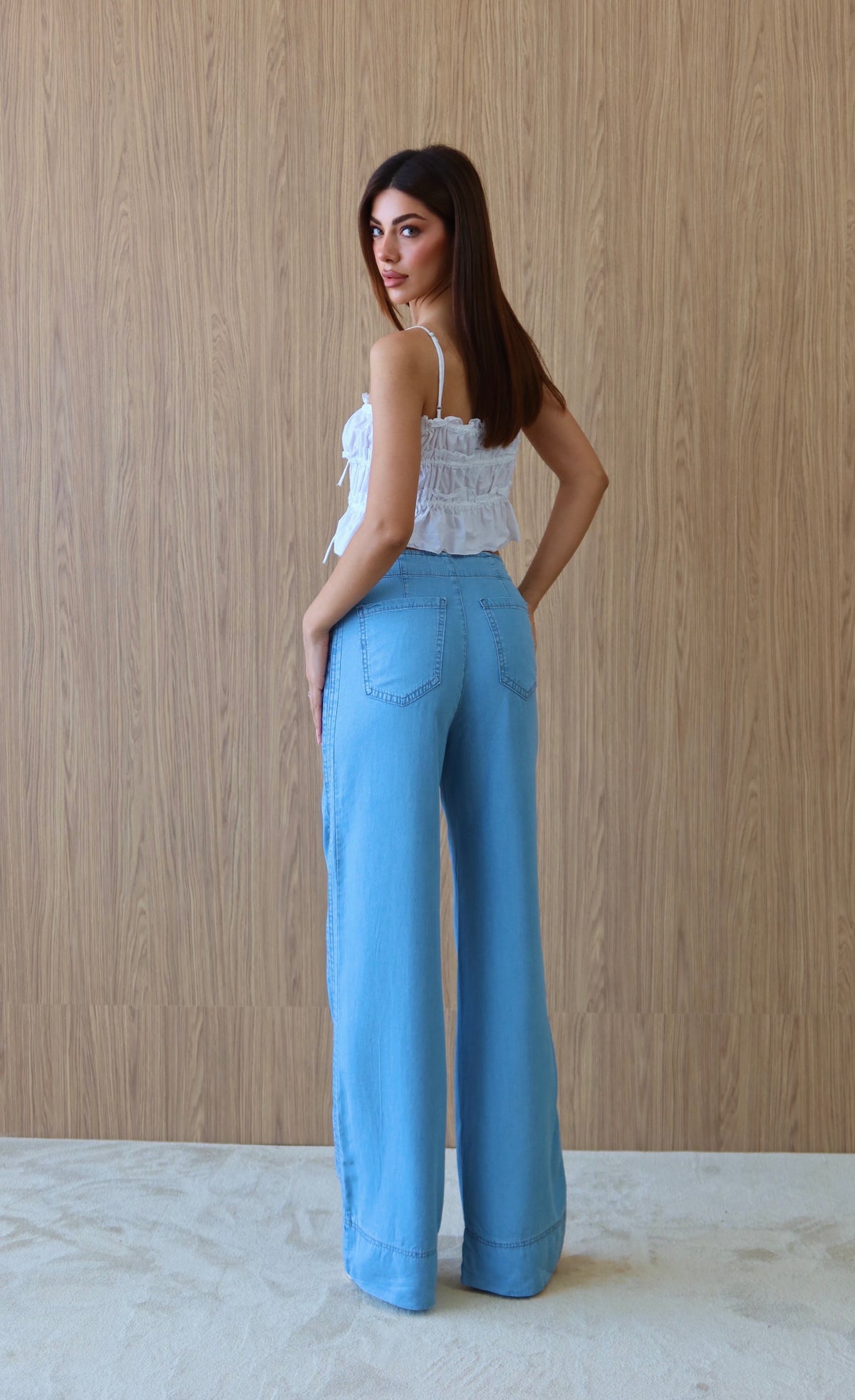 Pantaloni Tencel Light Blue cu Talie Înaltă și Detalii Bandă Laterală