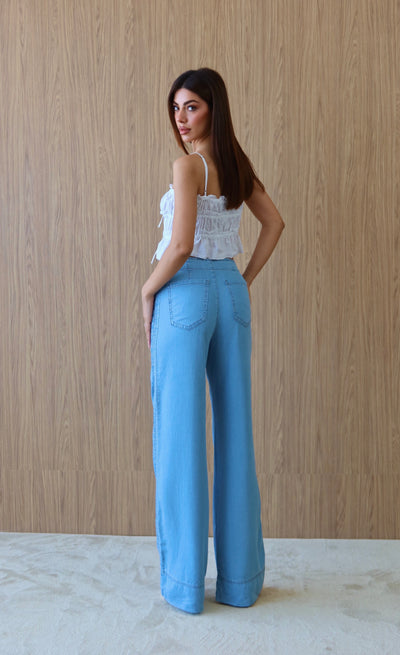 Pantaloni Tencel Light Blue cu Talie Înaltă și Detalii Bandă Laterală