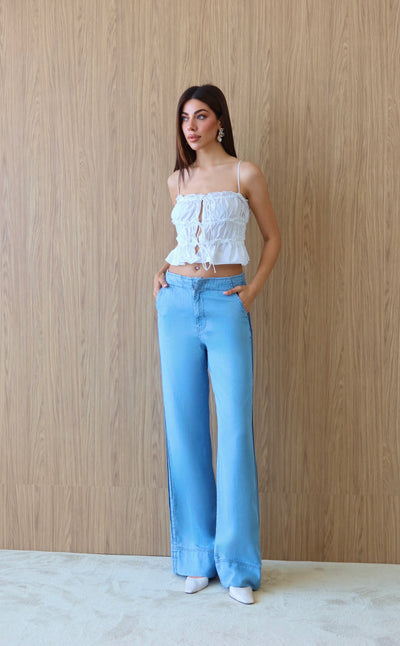 Pantaloni Tencel Light Blue cu Talie Înaltă și Detalii Bandă Laterală