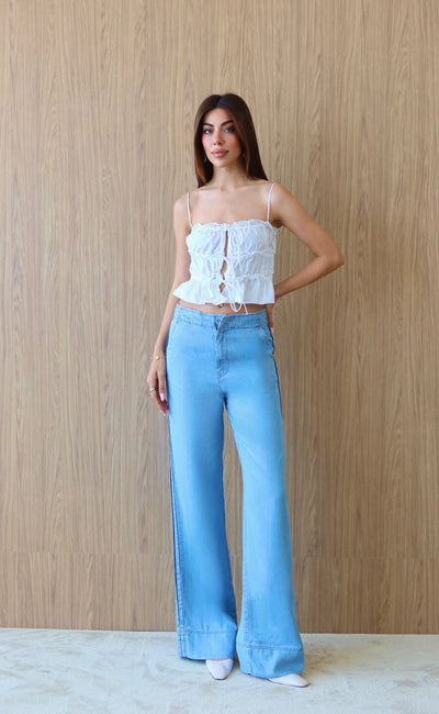 Pantaloni Tencel Light Blue cu Talie Înaltă și Detalii Bandă Laterală