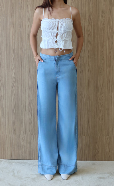 Pantaloni Tencel Light Blue cu Talie Înaltă și Detalii Bandă Laterală