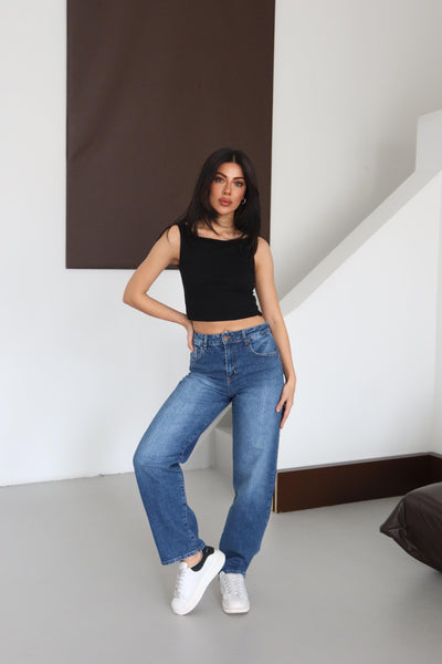 Pantalon Jean Albastru Talie Înaltă Cupa Semi-Balon