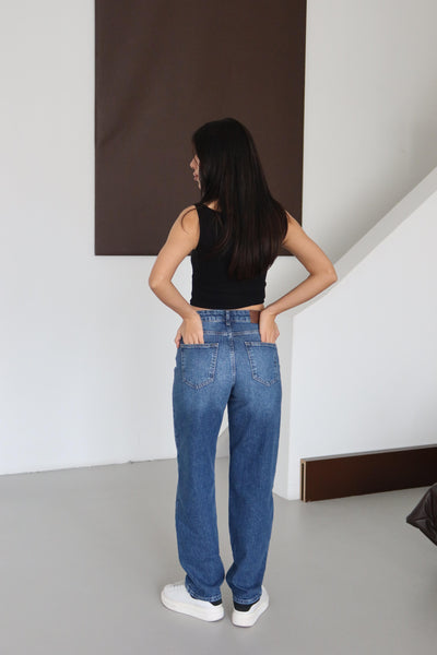 Pantalon Jean Albastru Talie Înaltă Cupa Semi-Balon