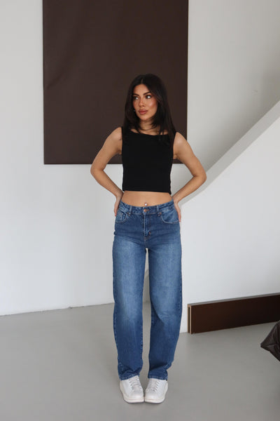 Pantalon Jean Albastru Talie Înaltă Cupa Semi-Balon