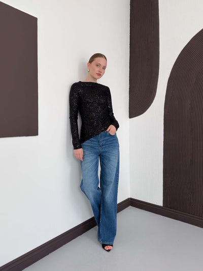 Sequined Long Sleeve Blouse - Black | F2060