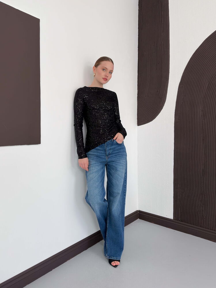 Sequined Long Sleeve Blouse - Black | F2060