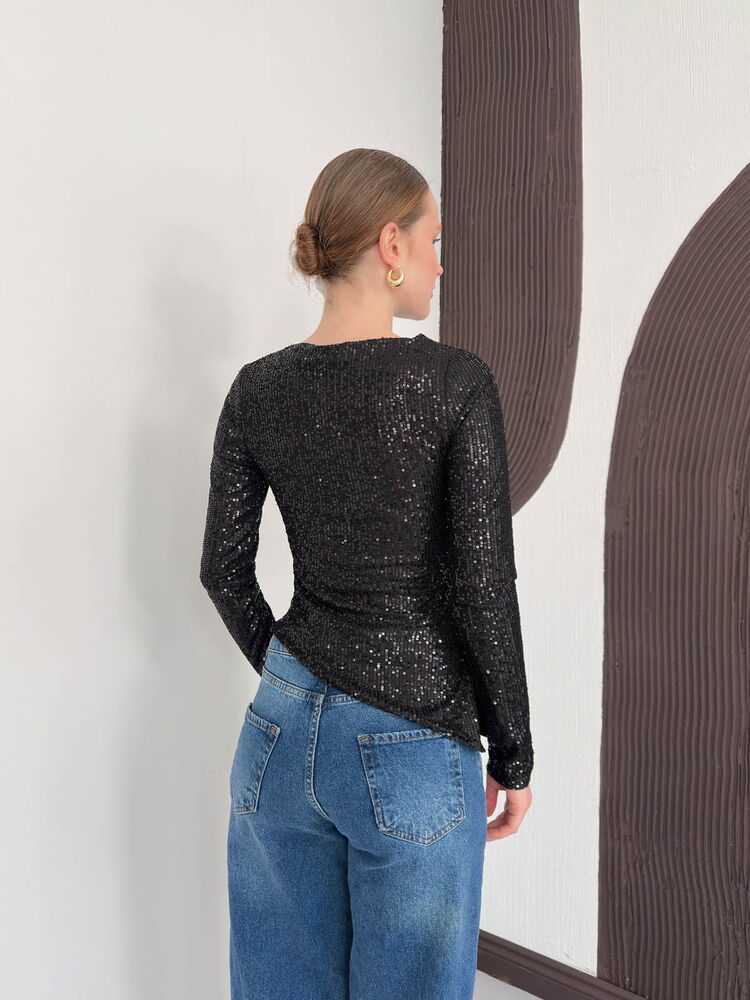 Sequined Long Sleeve Blouse - Black | F2060