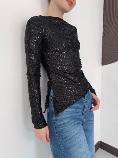 Sequined Long Sleeve Blouse - Black | F2060