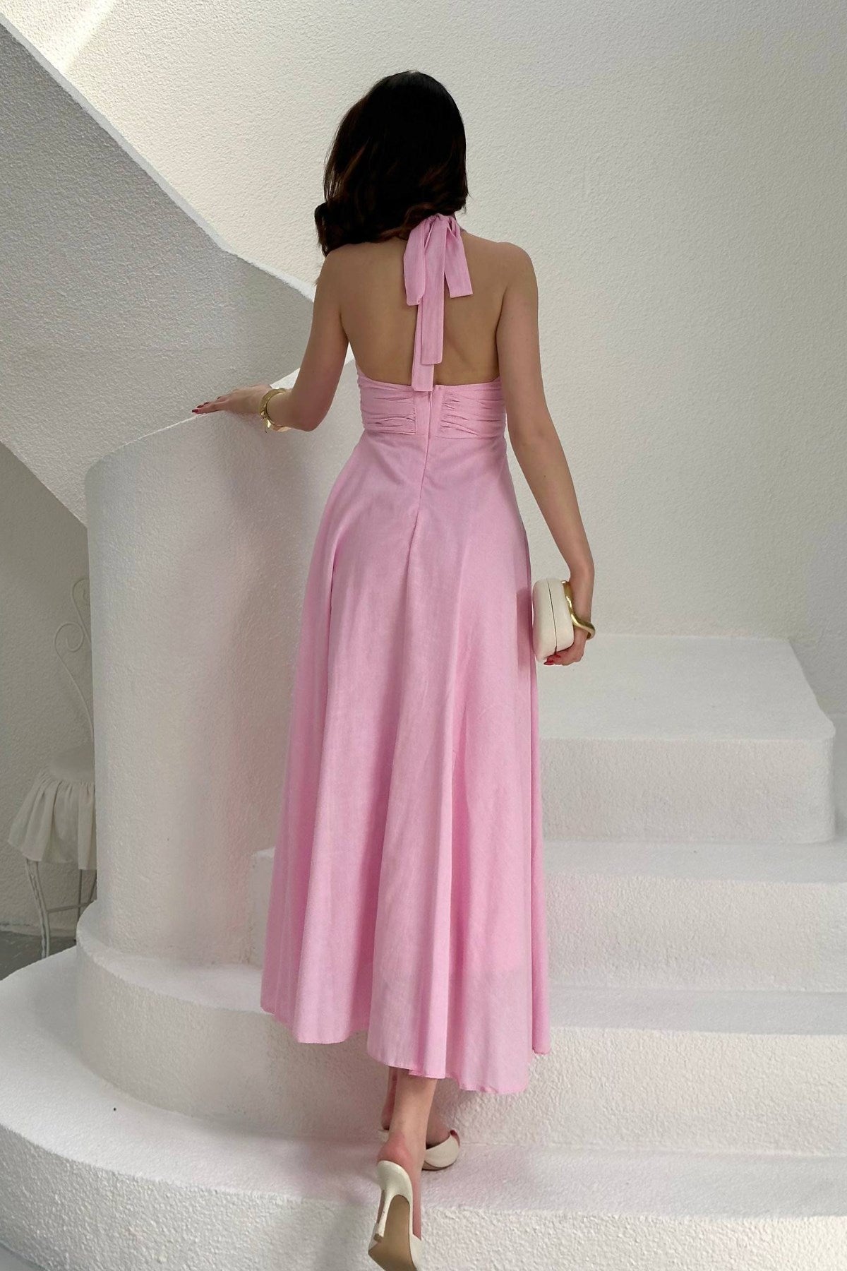 Pembe Askılı Keten Elbise