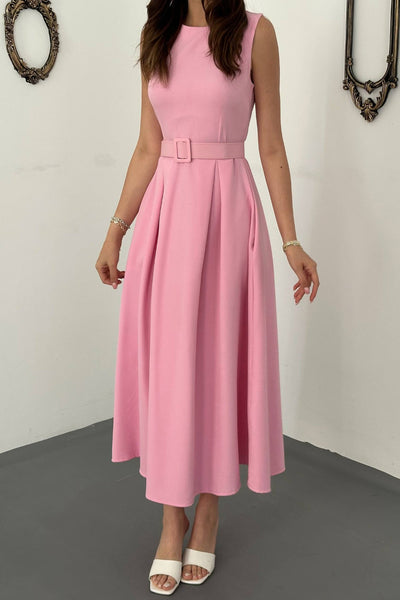 Pembe Halter Yaka Kloş Elbise