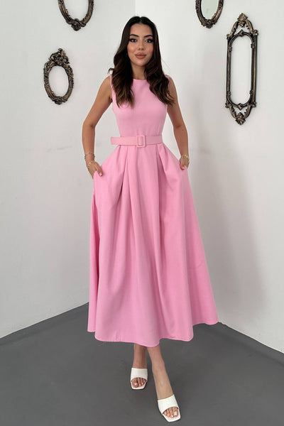Pembe Halter Yaka Kloş Elbise