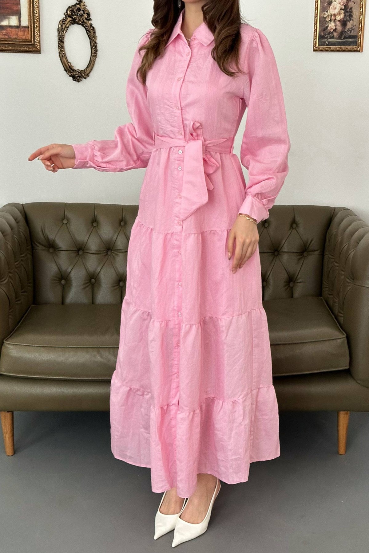 Pembe Kuşaklı Çizgi Desenli Elbise