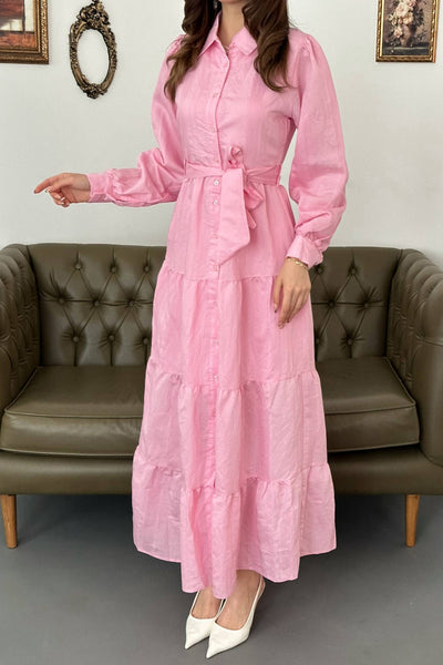 Pembe Kuşaklı Çizgi Desenli Elbise