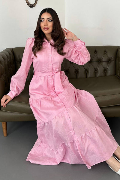 Pembe Kuşaklı Çizgi Desenli Elbise