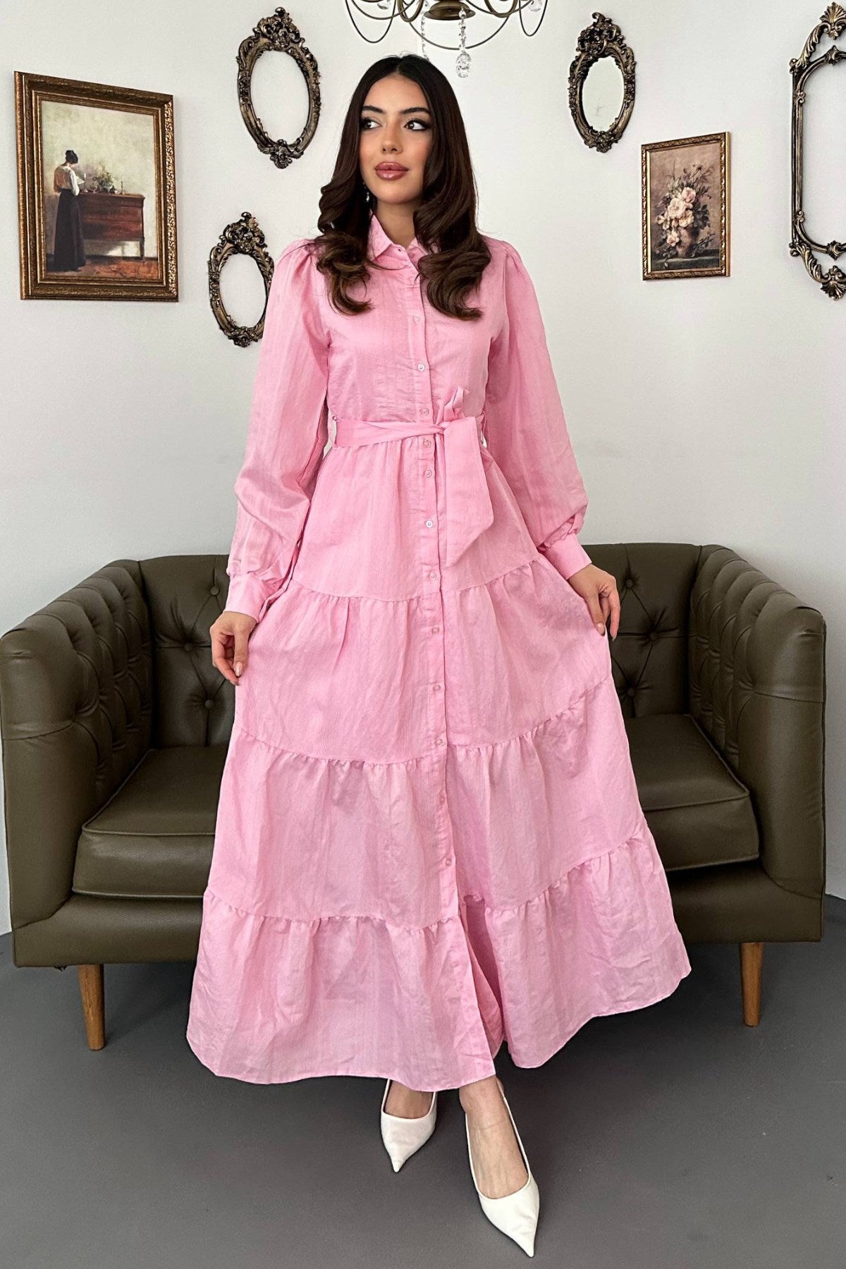 Pembe Kuşaklı Çizgi Desenli Elbise
