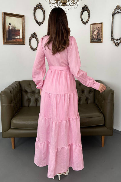 Pembe Kuşaklı Çizgi Desenli Elbise