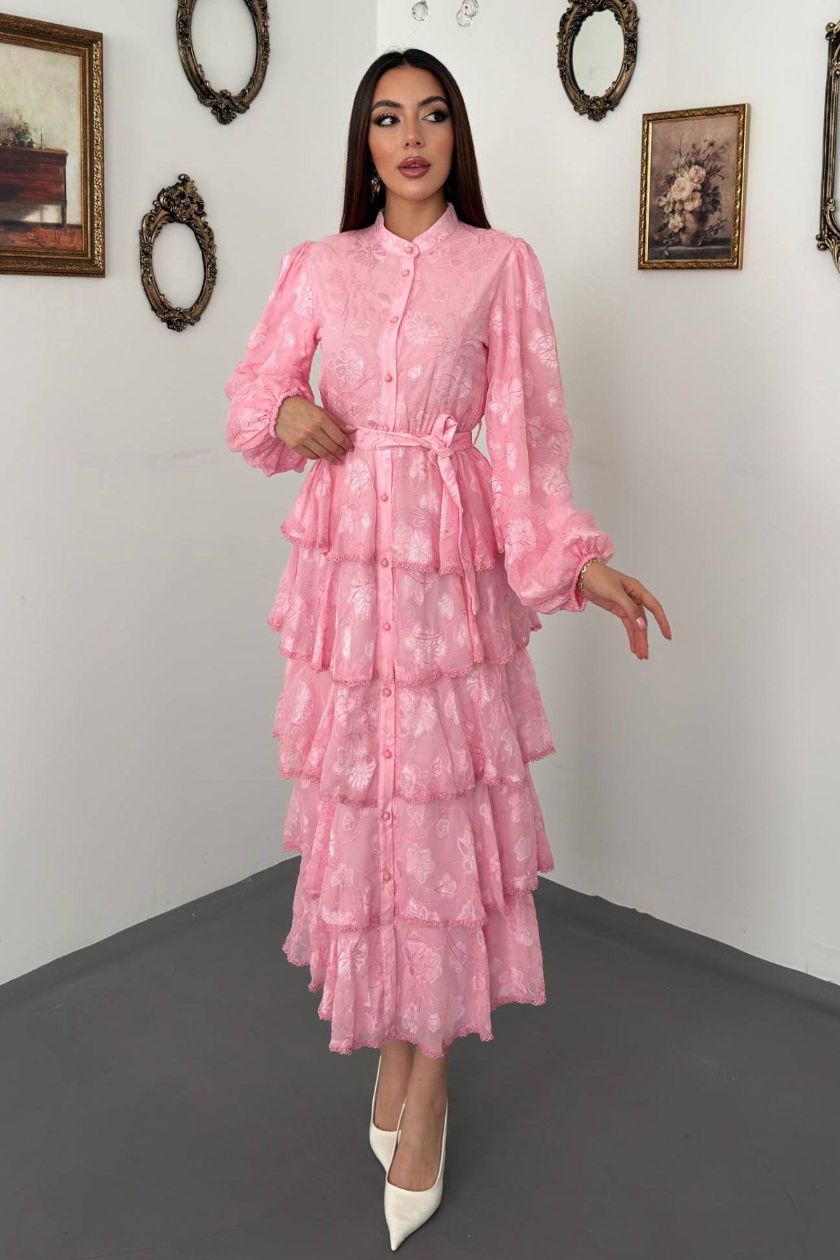 Pembe Valonlu Şeritli Uzun Elbise