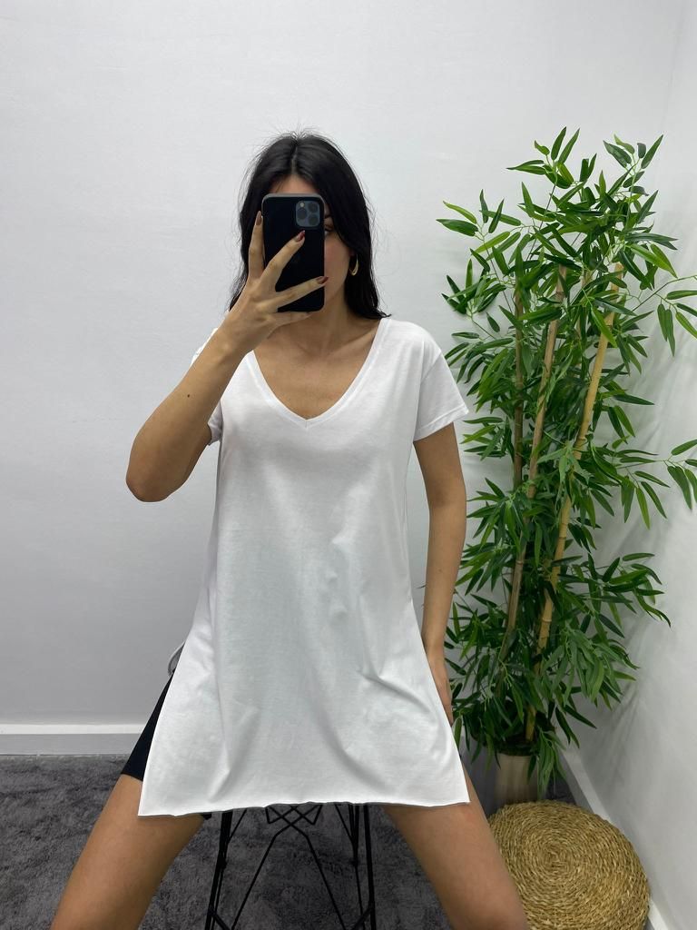 Yırtmaçlı Uzun T-Shirt - Beyaz
