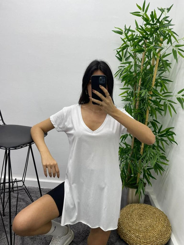 Yırtmaçlı Uzun T-Shirt - Beyaz