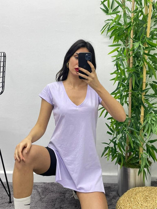 Yırtmaçlı Uzun T-Shirt - Lila