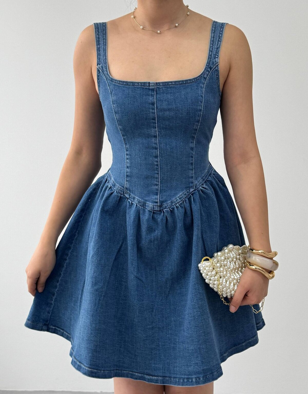 Rochie din denim cu fundă detaliată și volane