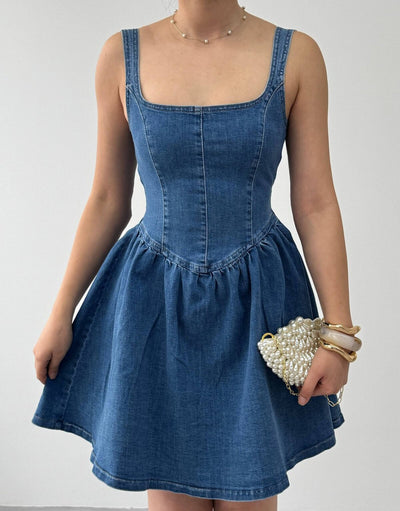 Rochie din denim cu fundă detaliată și volane