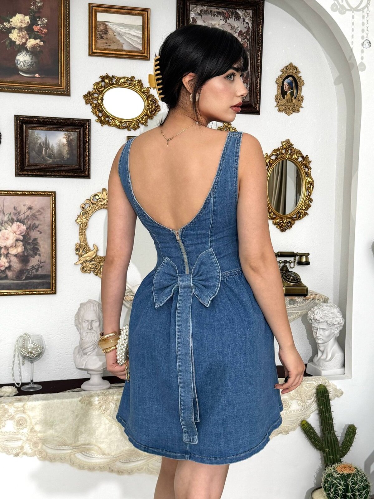 Rochie din denim cu fundă detaliată și volane