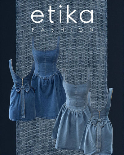 Rochie din denim cu fundă detaliată și volane