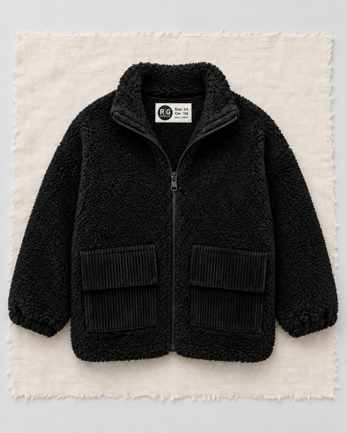 Çocuk Peluş Hırka | Fermuarlı, Kadife Kapak Cepli | 3–9 Yaş | Siyah, Taş | RG1779 - TAŞ