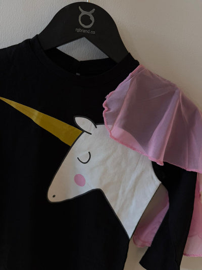 Genç Kız Unicorn Aplikeli Elbise | Tek Omuz Tül Fırfırlı | 9–15 Yaş | Siyah | RG1202-1 - SİYAH