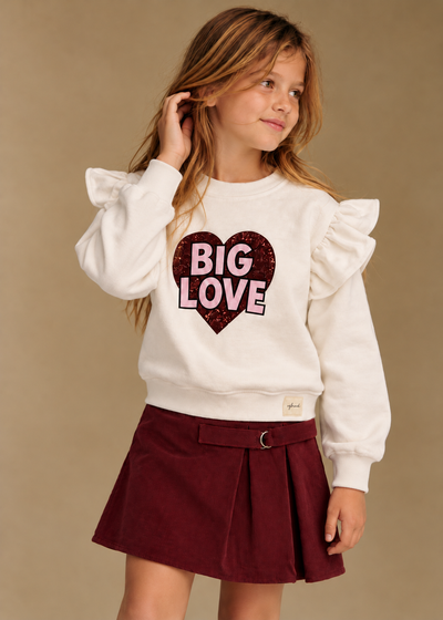 Kız Çocuk Big Love Kalp Baskılı Sweatshirt | Omuzları Fırfırlı | 3–9 Yaş | RG1793 - EKRU