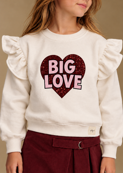 Kız Çocuk Big Love Kalp Baskılı Sweatshirt | Omuzları Fırfırlı | 3–9 Yaş | RG1793 - MAVİ