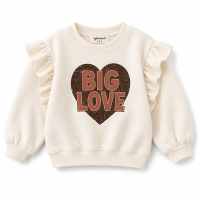 Kız Çocuk Big Love Kalp Baskılı Sweatshirt | Omuzları Fırfırlı | 3–9 Yaş | RG1793 - EKRU