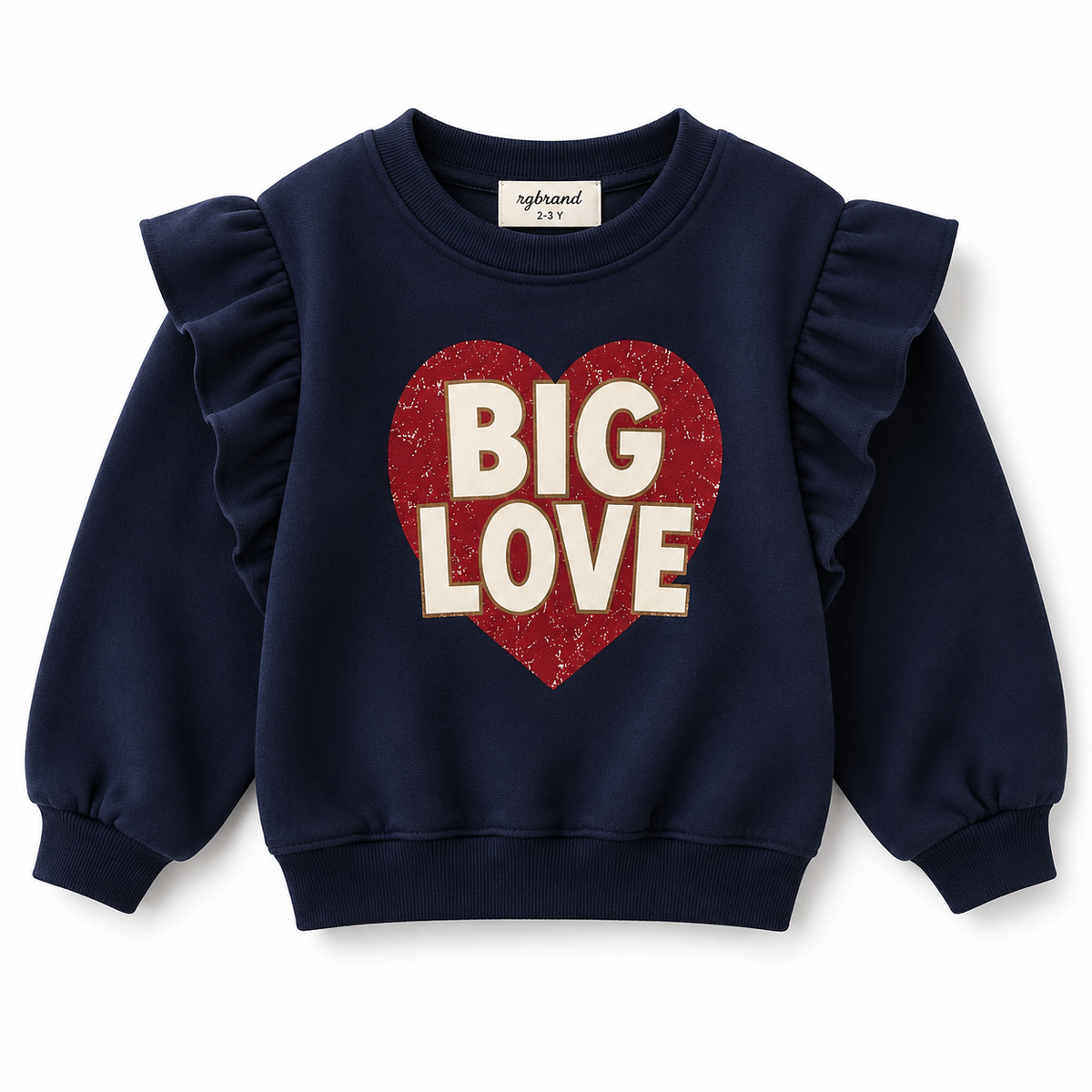 Kız Çocuk Big Love Kalp Baskılı Sweatshirt | Omuzları Fırfırlı | 3–9 Yaş | RG1793 - MAVİ