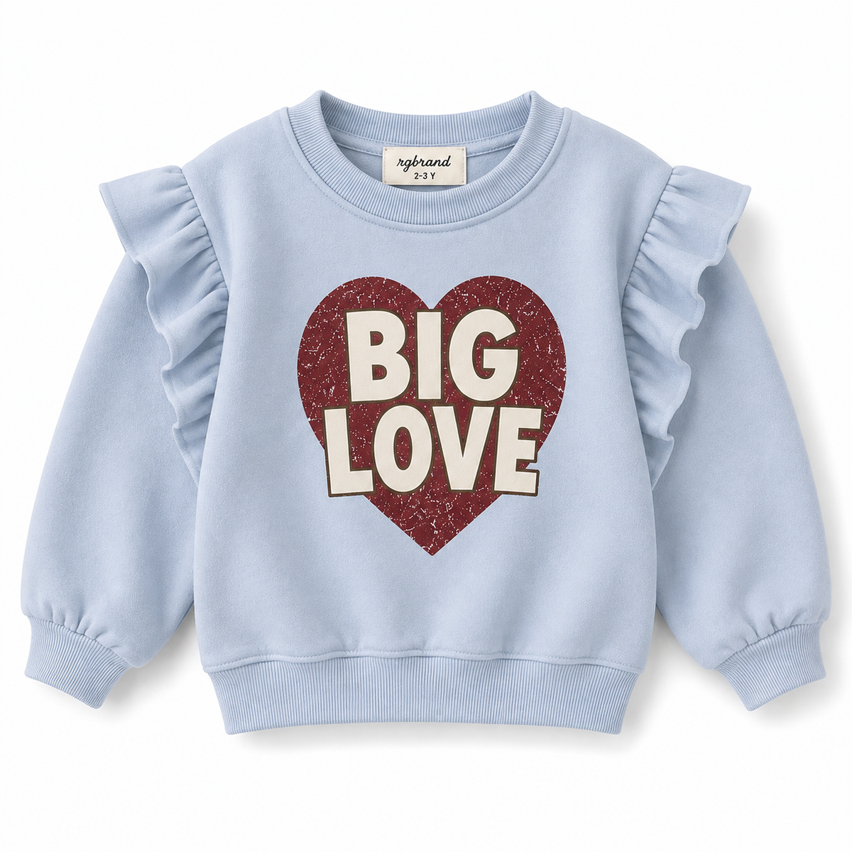 Kız Çocuk Big Love Kalp Baskılı Sweatshirt | Omuzları Fırfırlı | 3–9 Yaş | RG1793 - EKRU