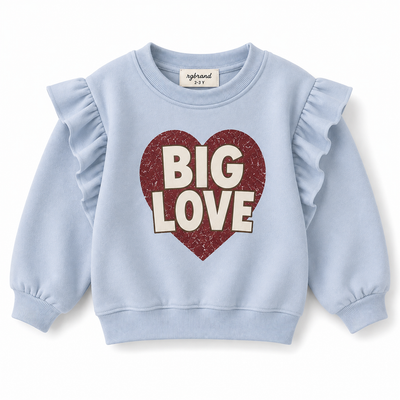 Kız Çocuk Big Love Kalp Baskılı Sweatshirt | Omuzları Fırfırlı | 3–9 Yaş | RG1793 - EKRU