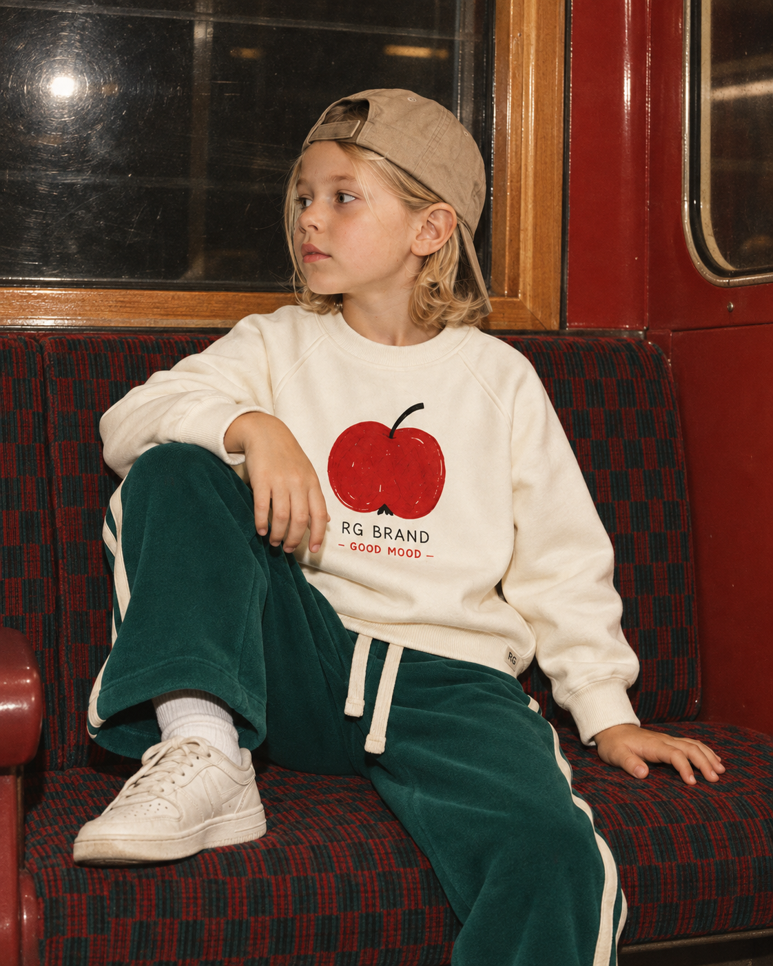 Çocuk Elma Figürlü Raglan Sweatshirt | 3–9 Yaş | 3 Renk | RG1794 - EKRU