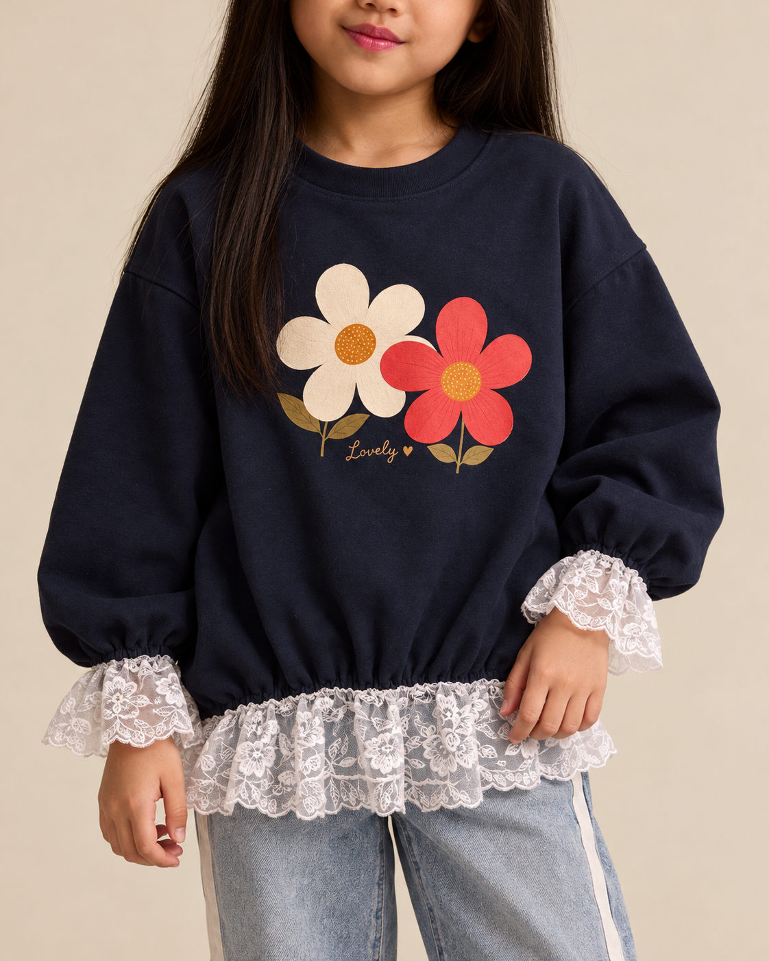 Kız Çocuk Sweatshirt | Papatya Baskılı Dantel Detaylı | 3–9 Yaş | Ekru, Pembe, Lacivert | RG1796 - LACİVERT