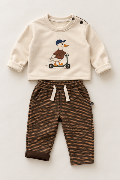 Bebek Takımı | Ördek Baskılı | 6 Ay–4 Yaş | Kız & Erkek | Lacivert, Kahverengi, Bej | RG415 - KAHVERENGİ