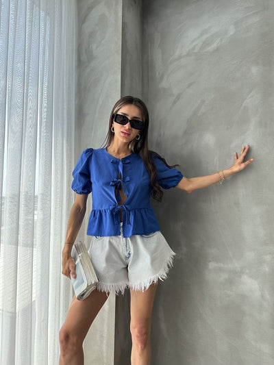 Topshow Pot Green Front-Tie Poplin Wholesale Blouse