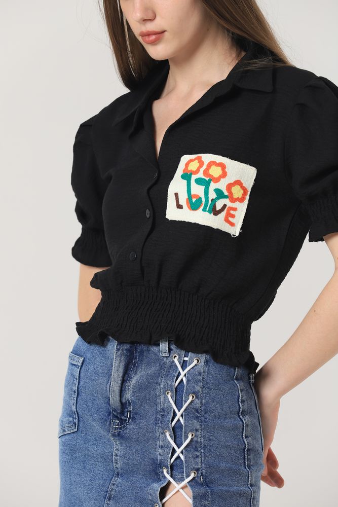 Topshow Black Embroidered Pocket Wholesale Shirt