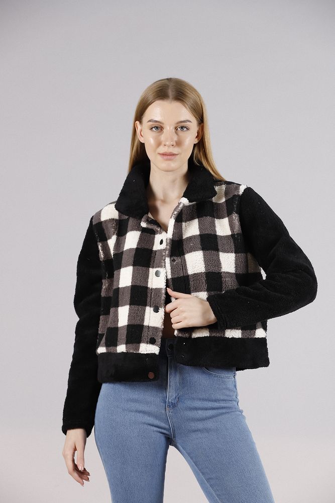 Wholesale Fleece Snap-Button Jacket - Black Checker